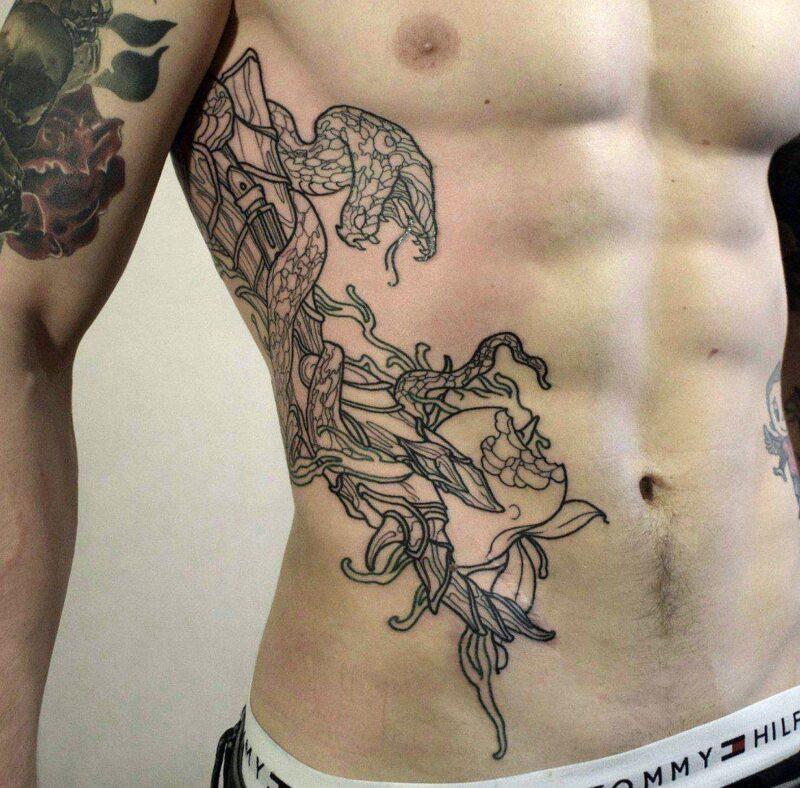 Эскизы тату для мужчин на разных частях тела На рёбрах