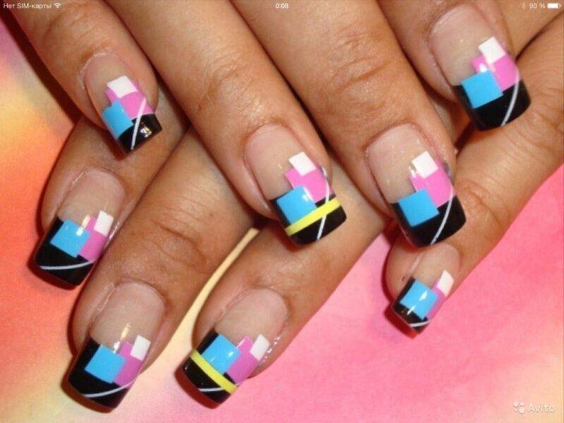 Красивый цветной френч на ногтях разной формы Цветной френч на квадратных ногтях